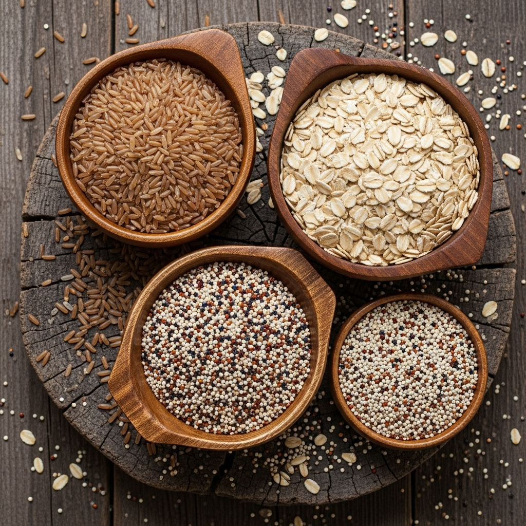Variety of whole grains including brown rice, oats, and quinoa displayed in wooden bowls on a rustic background