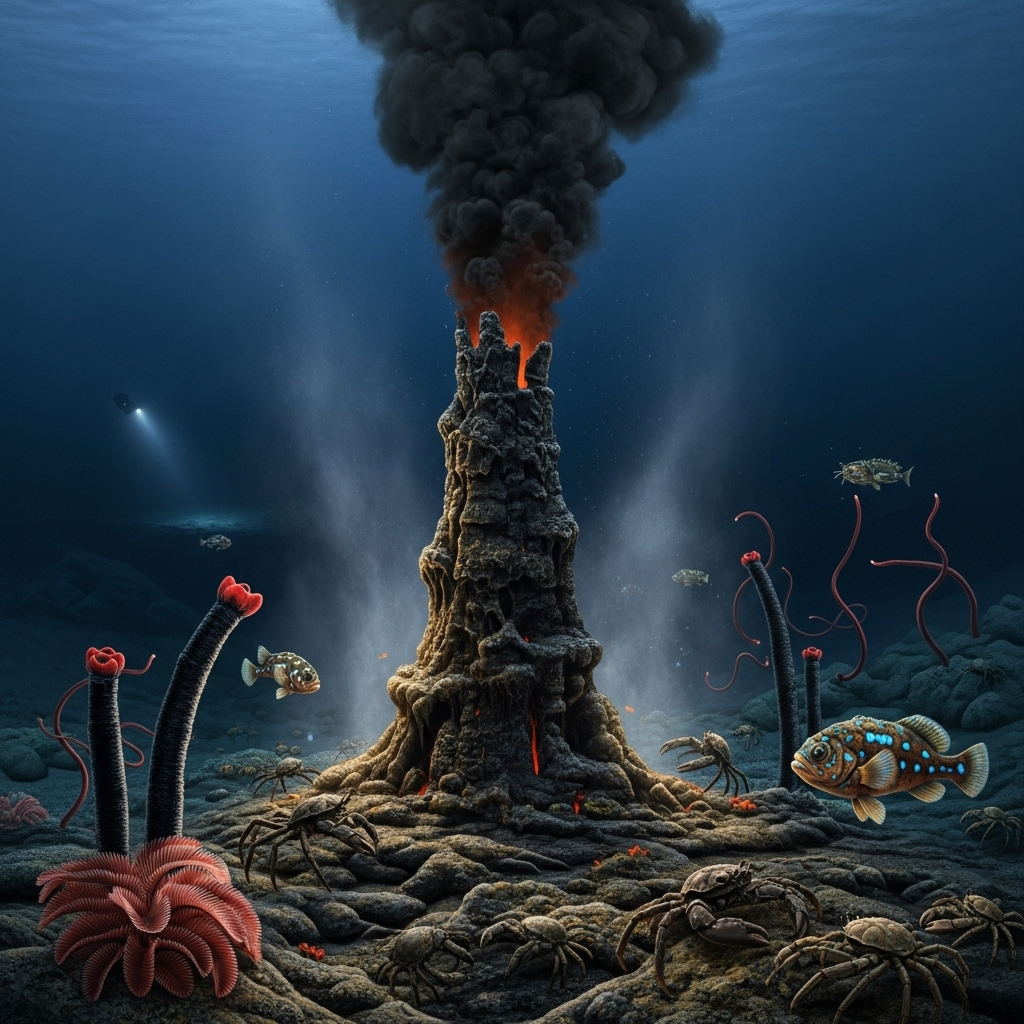 A detailed, realistic illustration of a black smoker hydrothermal vent at the bottom of the deep ocean. Black 'smoke' (mineral-rich hot fluid) billows upwards from a tall, chimney-like structure. Various deep-sea creatures like tube worms, crabs, and strange fish adapted to extreme conditions are visible around the vent. The water is dark blue, with faint light from a submersible in the far distance. No text on image.