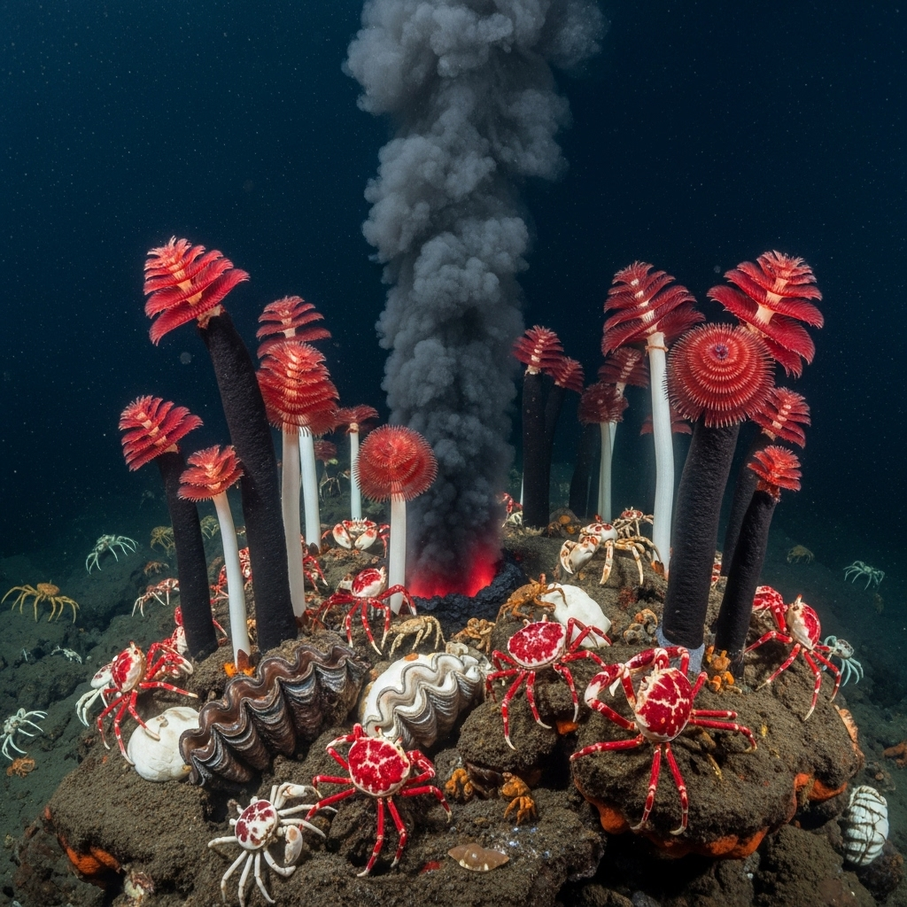 A vibrant deep-sea ecosystem around a black smoker. Giant tube worms with red plumes, various types of crabs, and large clams are thriving in the extreme environment. The black 'smoke' is rising from a vent in the background. The water is dark, but the organisms are illuminated by a gentle, scientific light source. No text on image.