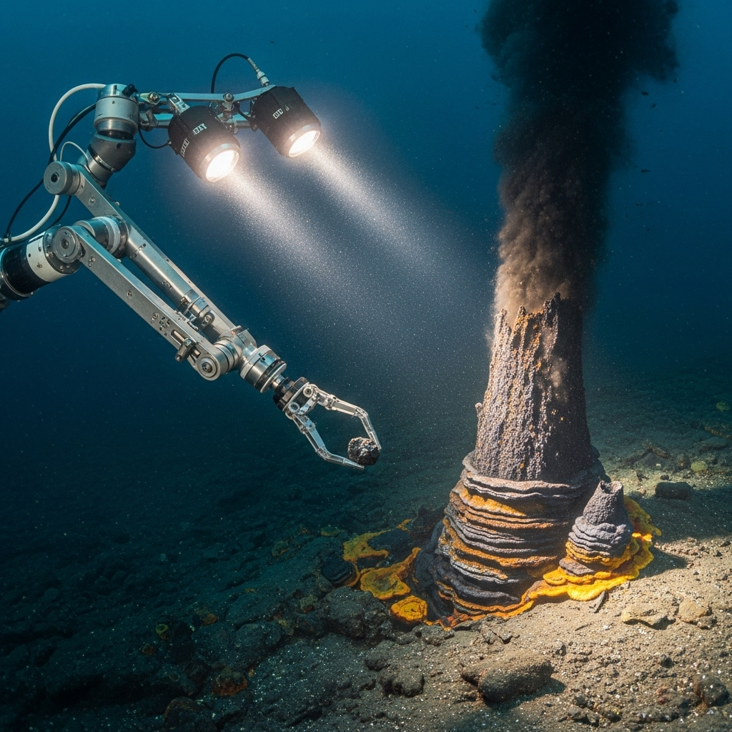 An underwater robotic arm carefully collecting mineral samples from a black smoker vent. The vent itself is a tall, dark chimney, with black fluid rising. The robotic arm is equipped with lights, illuminating the surrounding metal sulfide deposits. The deep ocean floor is visible around the vent. No text on image.