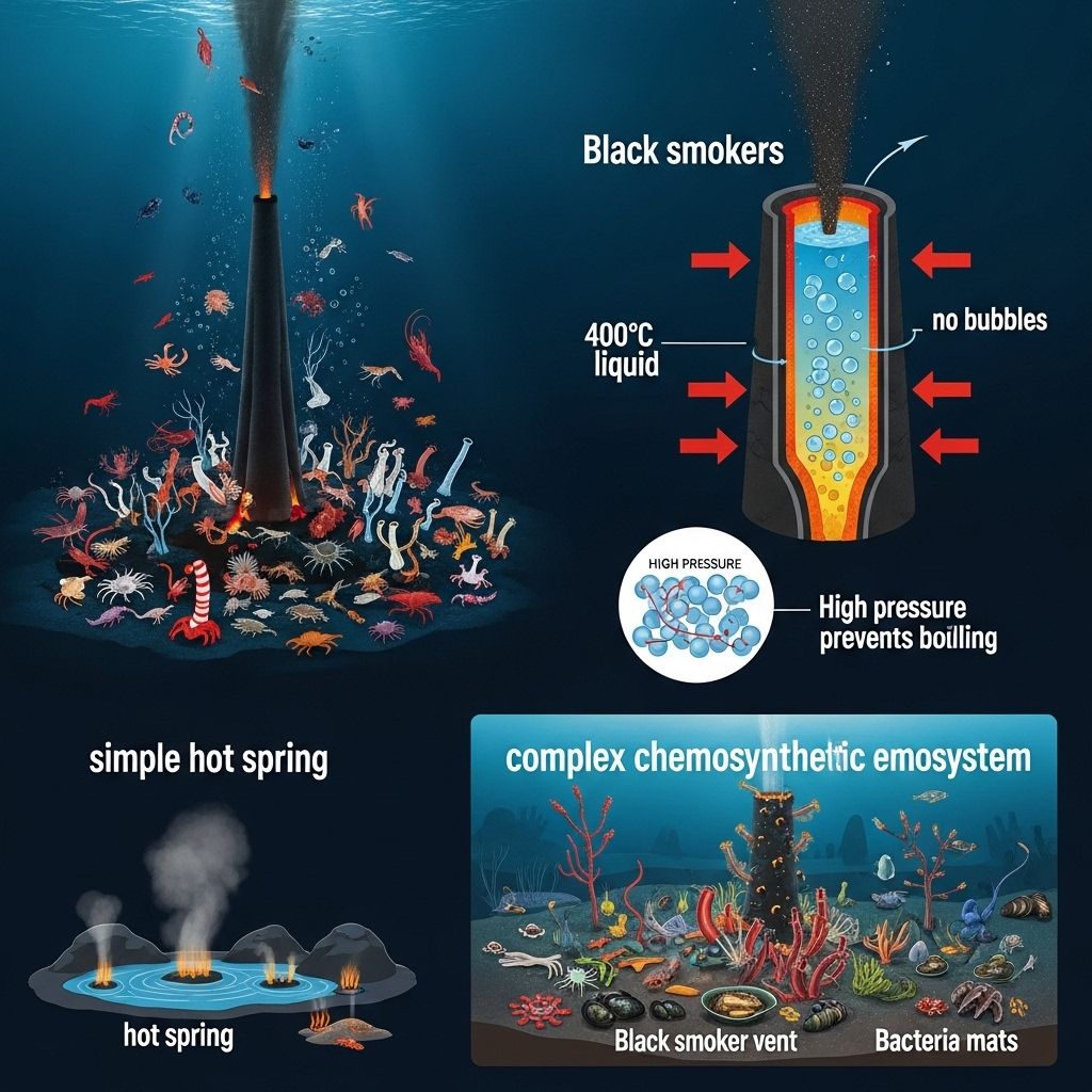 An infographic-style illustration depicting three distinct scenes related to black smoker facts. Scene 1: A thriving deep-sea community around a vent. Scene 2: A depiction of high pressure preventing water from boiling, showing 400°C liquid. Scene 3: A comparison between a simple hot spring and a complex chemosynthetic ecosystem. Each scene is clean and uses scientific visuals. No text on image.