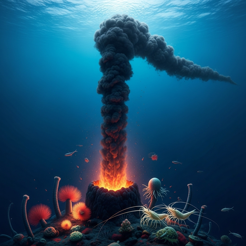A beautiful, artistic depiction of a black smoker from a slightly distant, awe-inspiring perspective. The deep blue ocean surrounds the glowing black chimney, emphasizing its mystery and majesty. The overall mood is one of wonder and discovery, with a hint of scientific elegance. No text on image.
