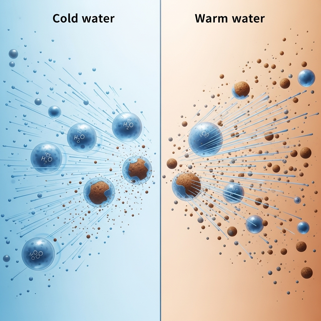 A beautifully illustrated diagram showing water molecules moving slowly in cold water and rapidly in warm water, with various dirt particles dissolving more easily in the warm water. The background is clean and bright, emphasizing scientific clarity. No text in the image.