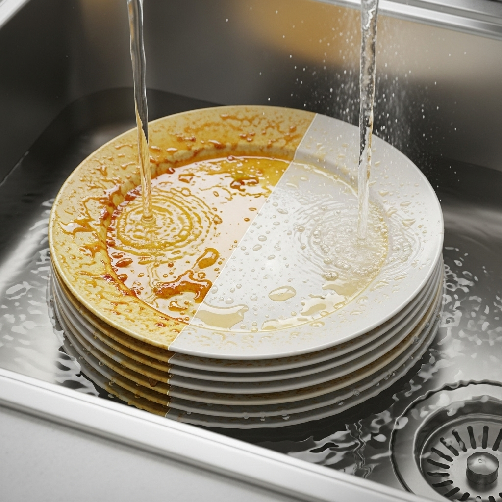 A kitchen sink with dirty dishes covered in oily residue. On one side, cold water is barely affecting the grease, while on the other side, warm water is effectively dissolving the oil, making the dishes visibly cleaner. The scene is brightly lit and focuses on the cleaning action. No text in the image.