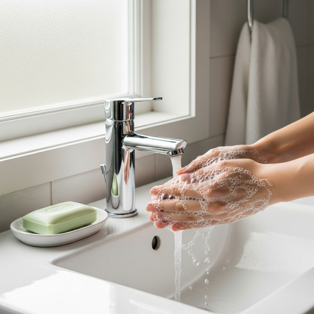 A pair of hands being washed thoroughly under running water with soap, bubbles forming, in a bright and clean bathroom setting. Focus on cleanliness and hygiene. No text on the image.