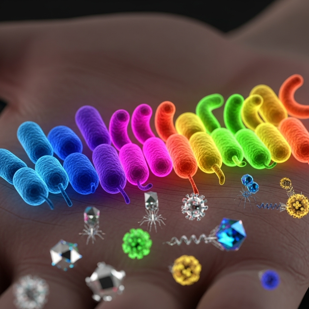 A microscopic view of various colorful bacteria and viruses on a hand surface, illustrating the invisible threats we carry. The image should be abstract and artistic rather than overtly gross. No text on the image.