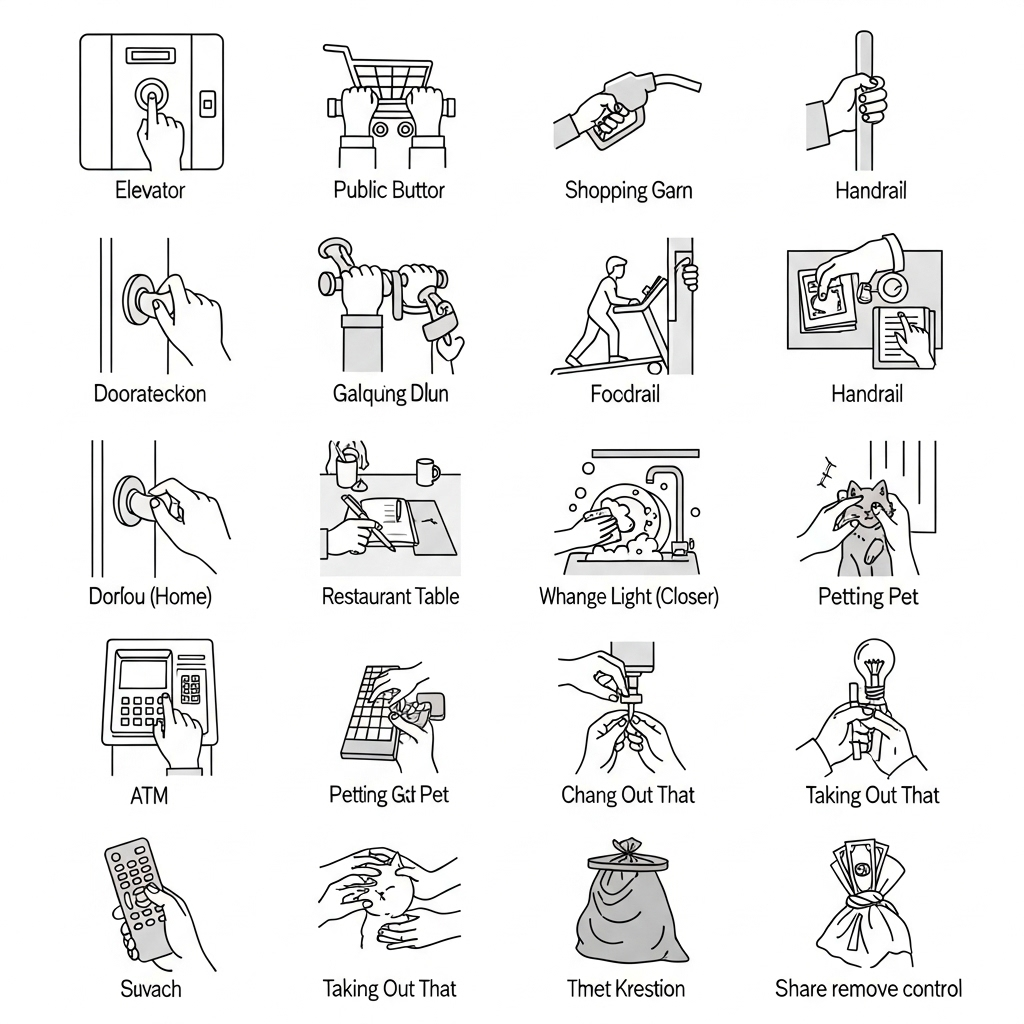A collage of small icons depicting various scenarios: a person in a public restroom, hands preparing food, a person sneezing, hands holding a door handle, a person touching a pet. All icons are clean and simple. No text on the image.