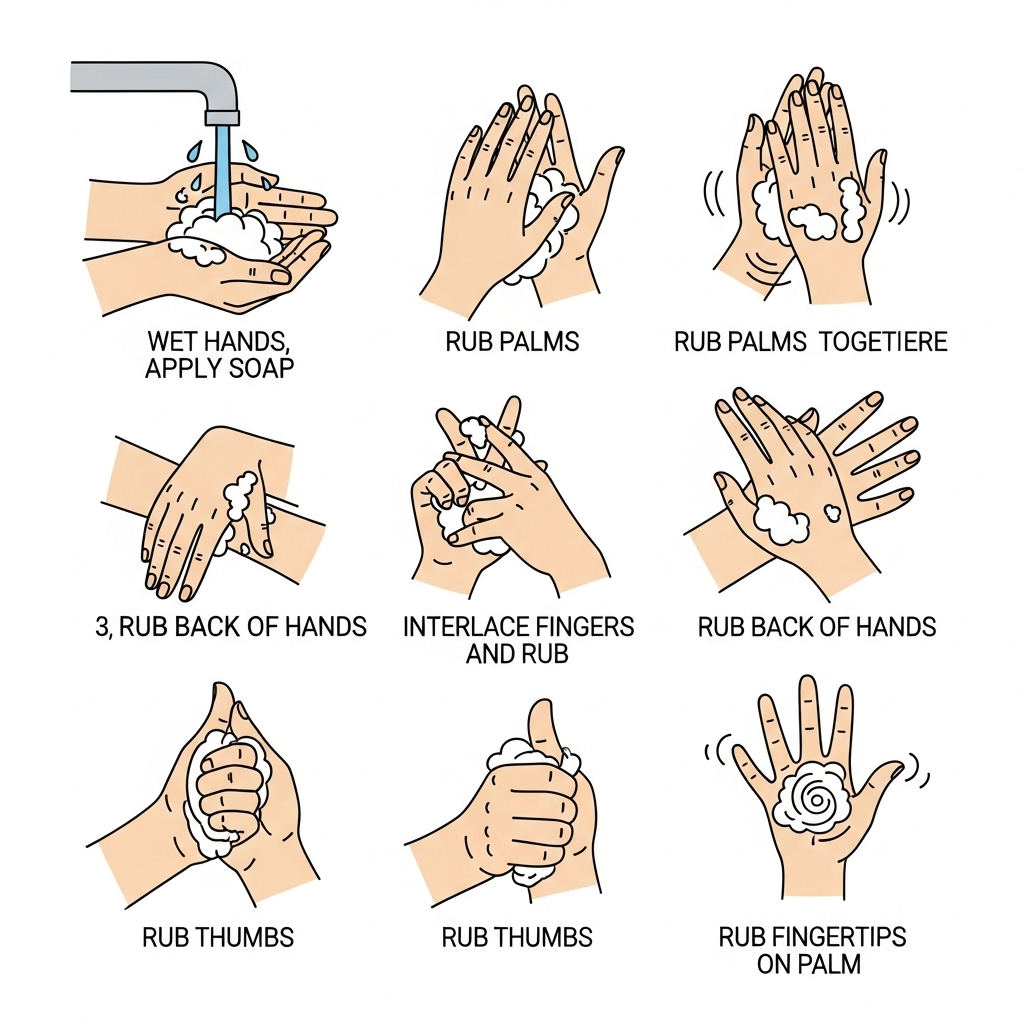 A sequence of six clear, simple illustrations depicting the 6 steps of handwashing: 1. Wet hands, apply soap. 2. Rub palms together. 3. Rub back of hands. 4. Interlace fingers and rub. 5. Rub thumbs. 6. Rub fingertips on palm. The style should be clean and easy to understand. No text on the image.
