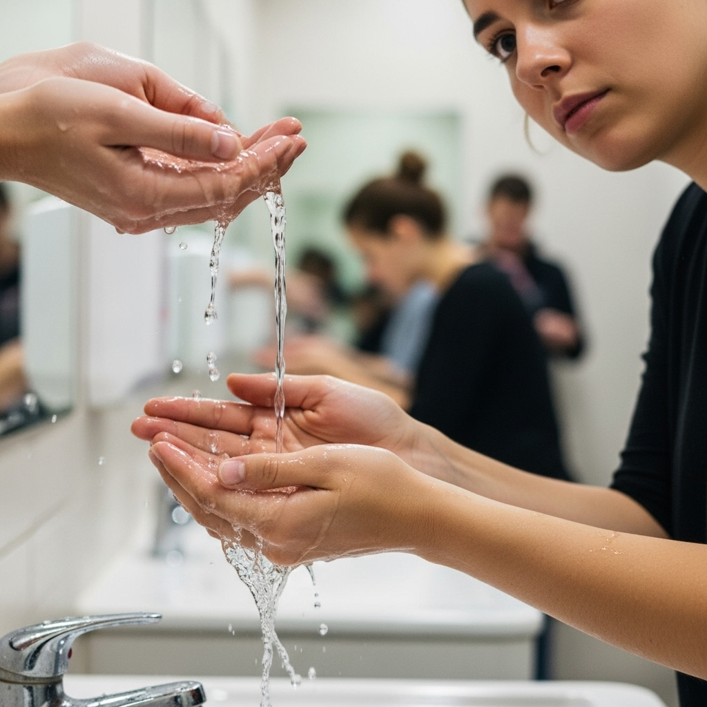 A person quickly rinsing their hands under water without soap, looking hurried, subtly suggesting an ineffective wash. The setting is a public restroom sink. No text on the image.