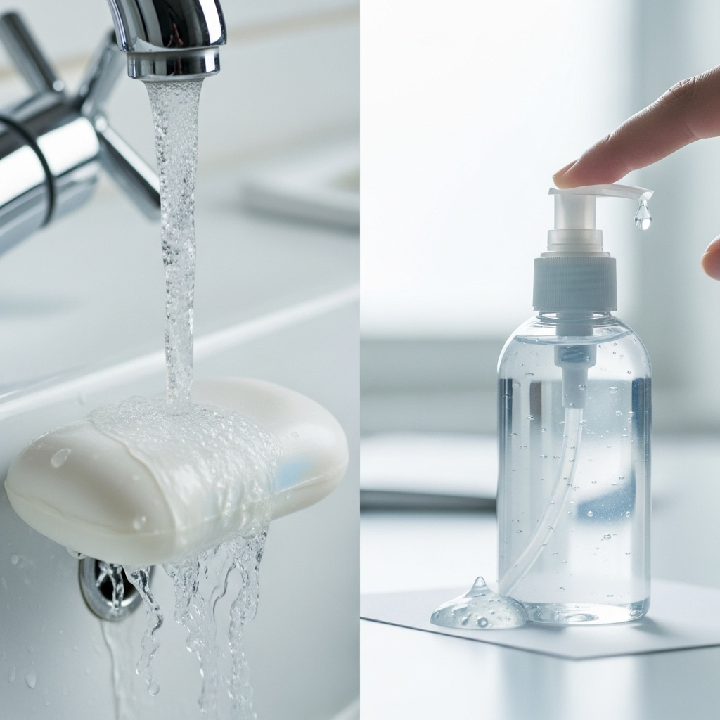A side-by-side comparison of a bar of soap with running water and a bottle of hand sanitizer. Both are presented cleanly and clearly, highlighting their individual uses. No text on the image.