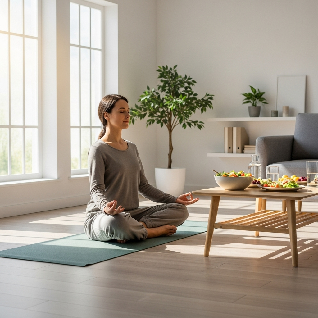A person peacefully meditating in a bright, modern living room, with a healthy meal on a table nearby. The overall atmosphere is calm and serene. No text.