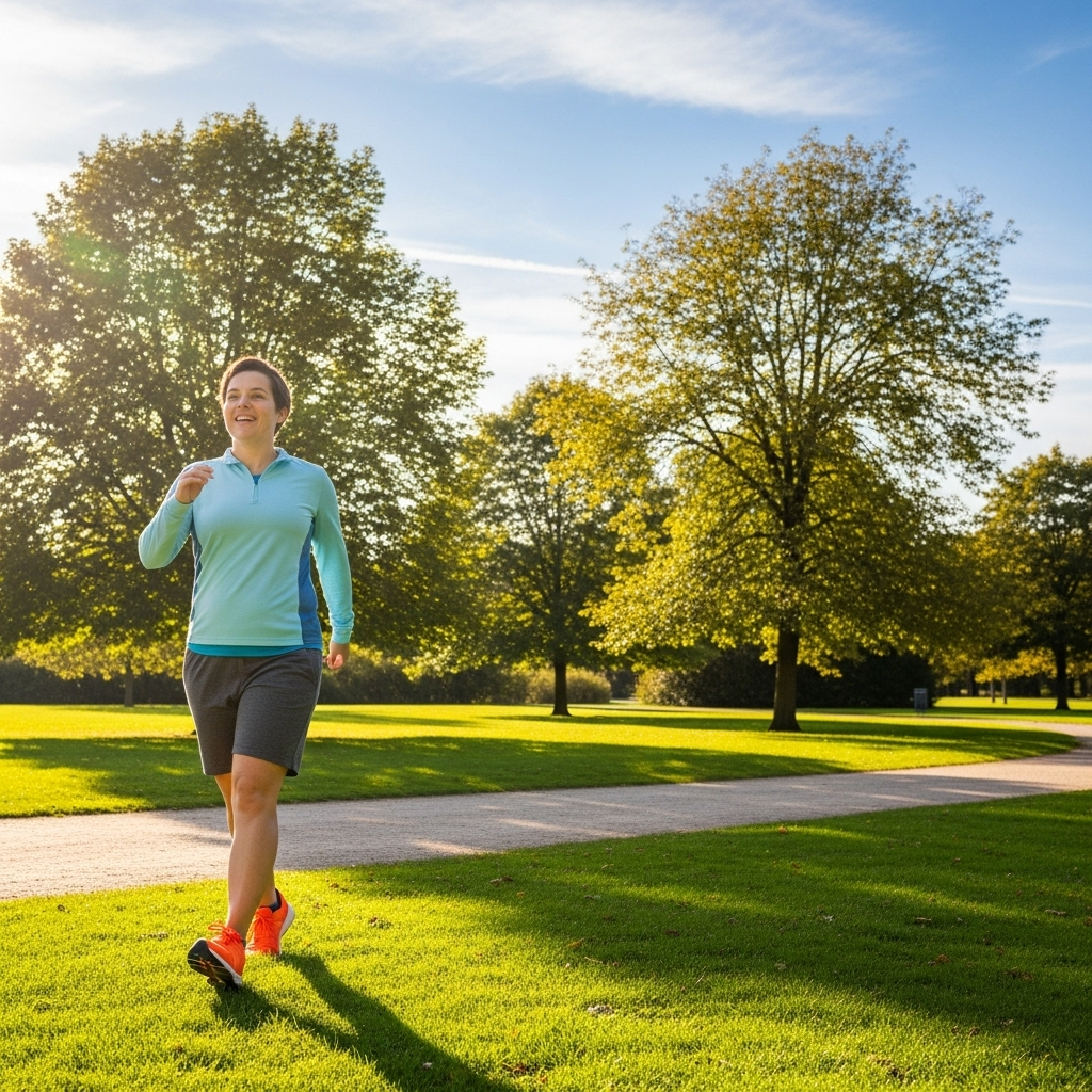 A person enjoying a brisk walk outdoors in a sunny park, looking active and happy. No text.