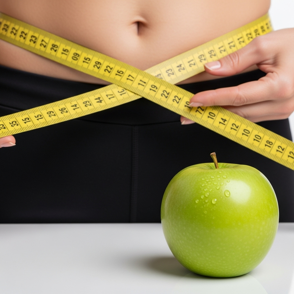A measuring tape gently wrapped around a waist, with a healthy green apple nearby, symbolizing weight loss and healthy choices. No text.