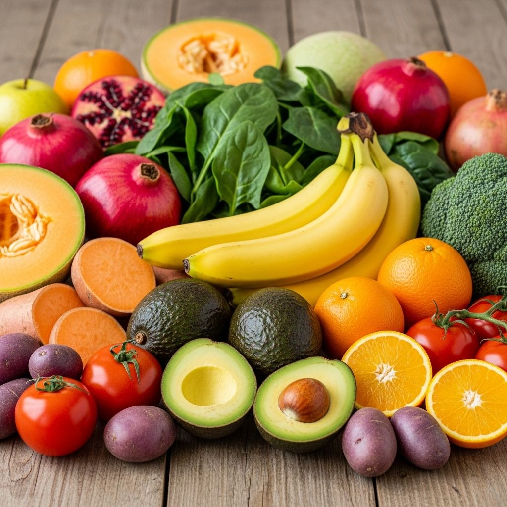 A colorful assortment of fresh fruits and vegetables known for high potassium content, such as bananas, spinach, and avocados, on a wooden table. No text.