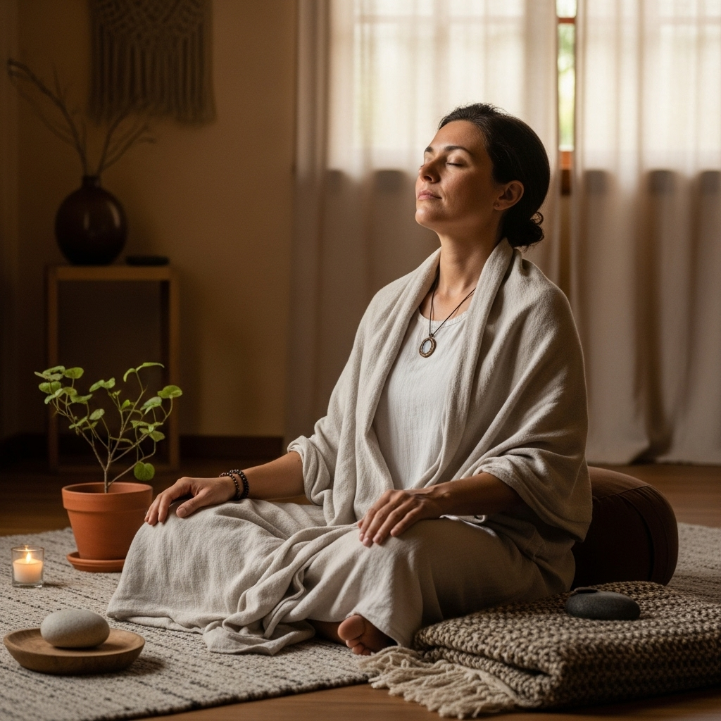 A person deeply relaxed, perhaps meditating or calmly resting in a comfortable setting, suggesting peace and stress relief. No text.