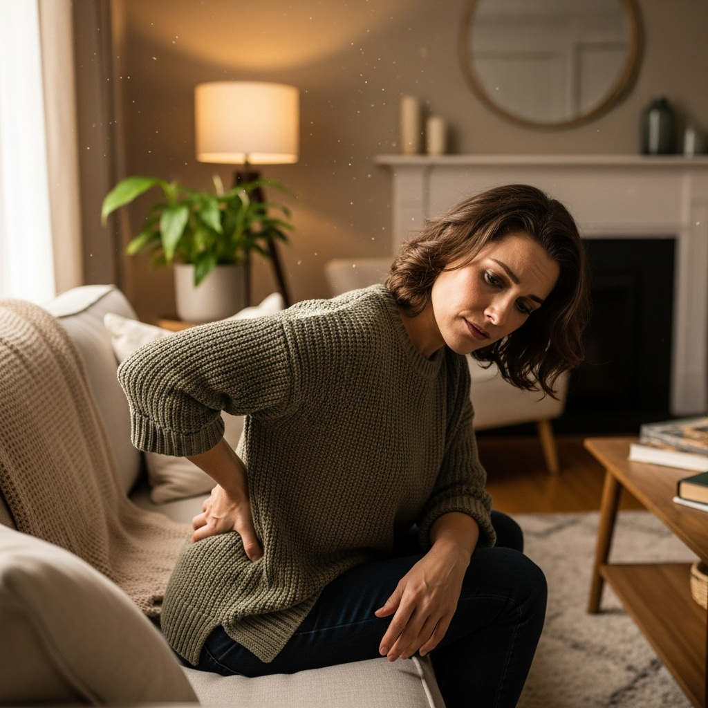 A person gently touching their lower back, looking thoughtful, with a subtle aura of discomfort. The setting is a cozy, well-lit living room, emphasizing a personal and reflective mood. The image should convey a sense of introspection about health, without any text.