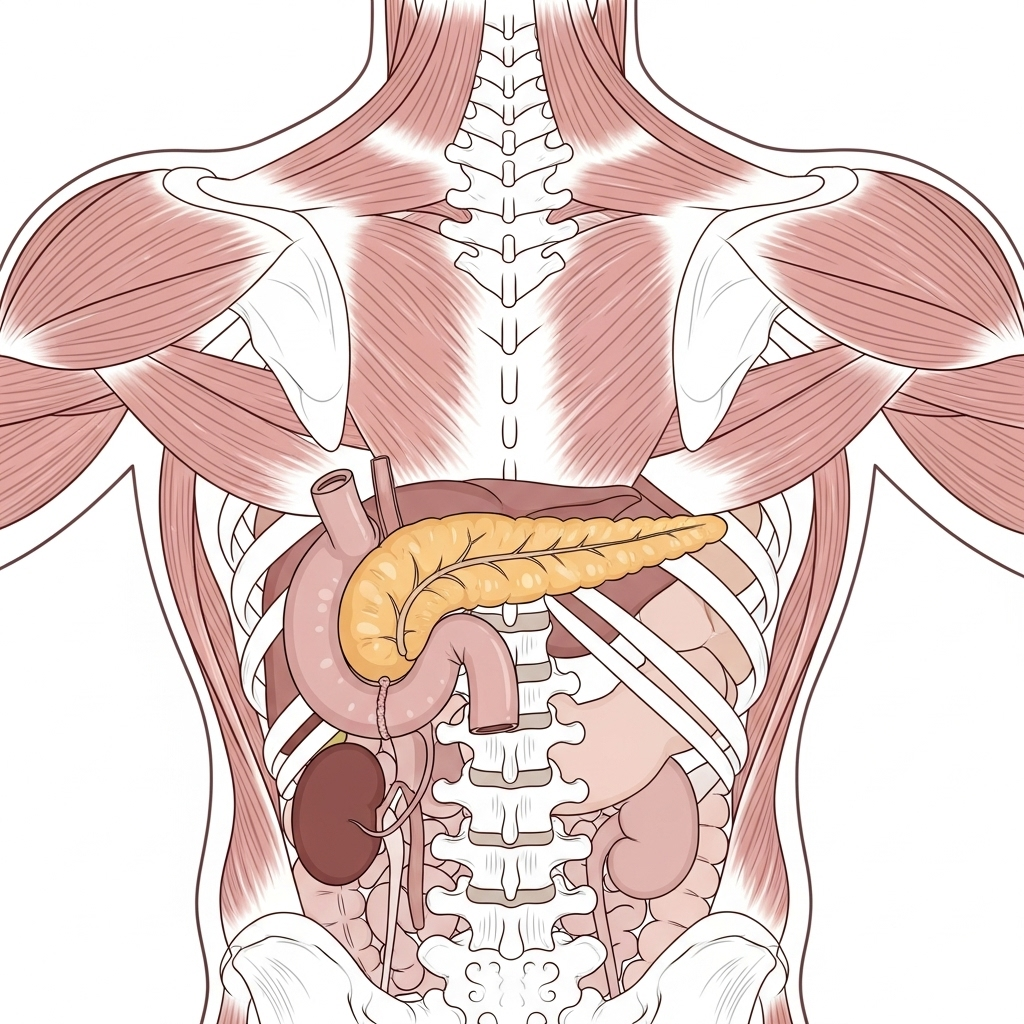 A detailed anatomical illustration highlighting the pancreas and its proximity to the spine and back muscles, in a simplified, clear infographic style, without any text labels.