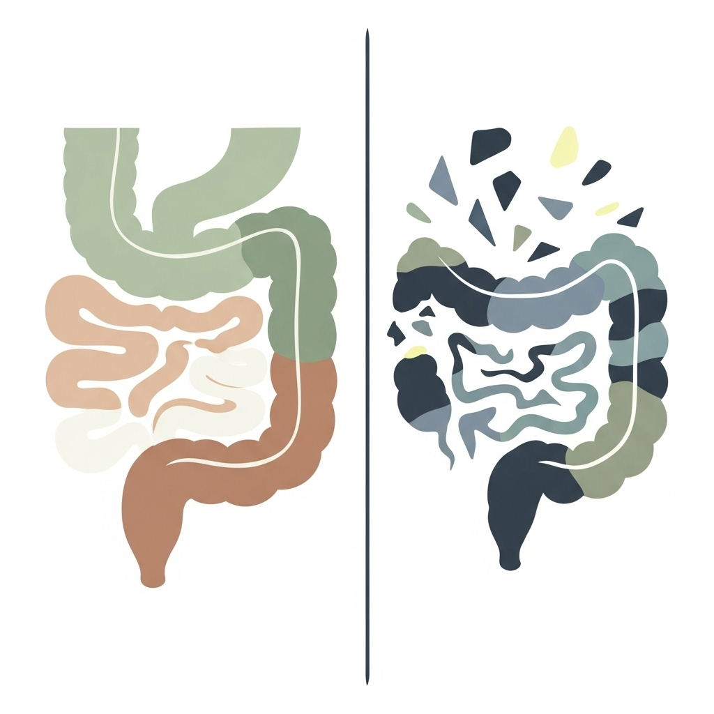 A simple, abstract illustration depicting healthy digestion on one side and impaired digestion (represented by irregular, floating patterns) on the other, symbolizing changes in bowel movements. The colors are muted and professional, without any text.
