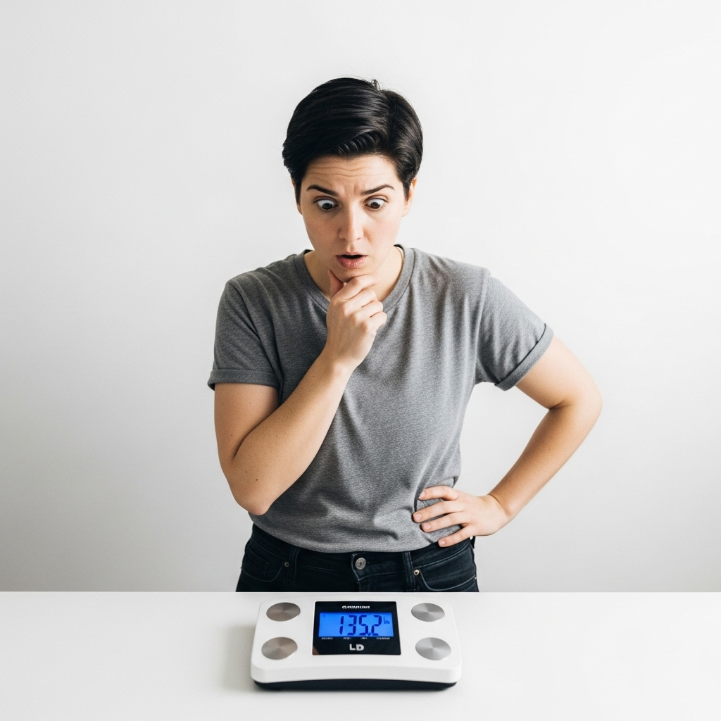 A person looking at a scale with a puzzled expression, subtly conveying unexpected weight loss. The background is minimalist and clean, focusing on the individual's reaction, without any text.