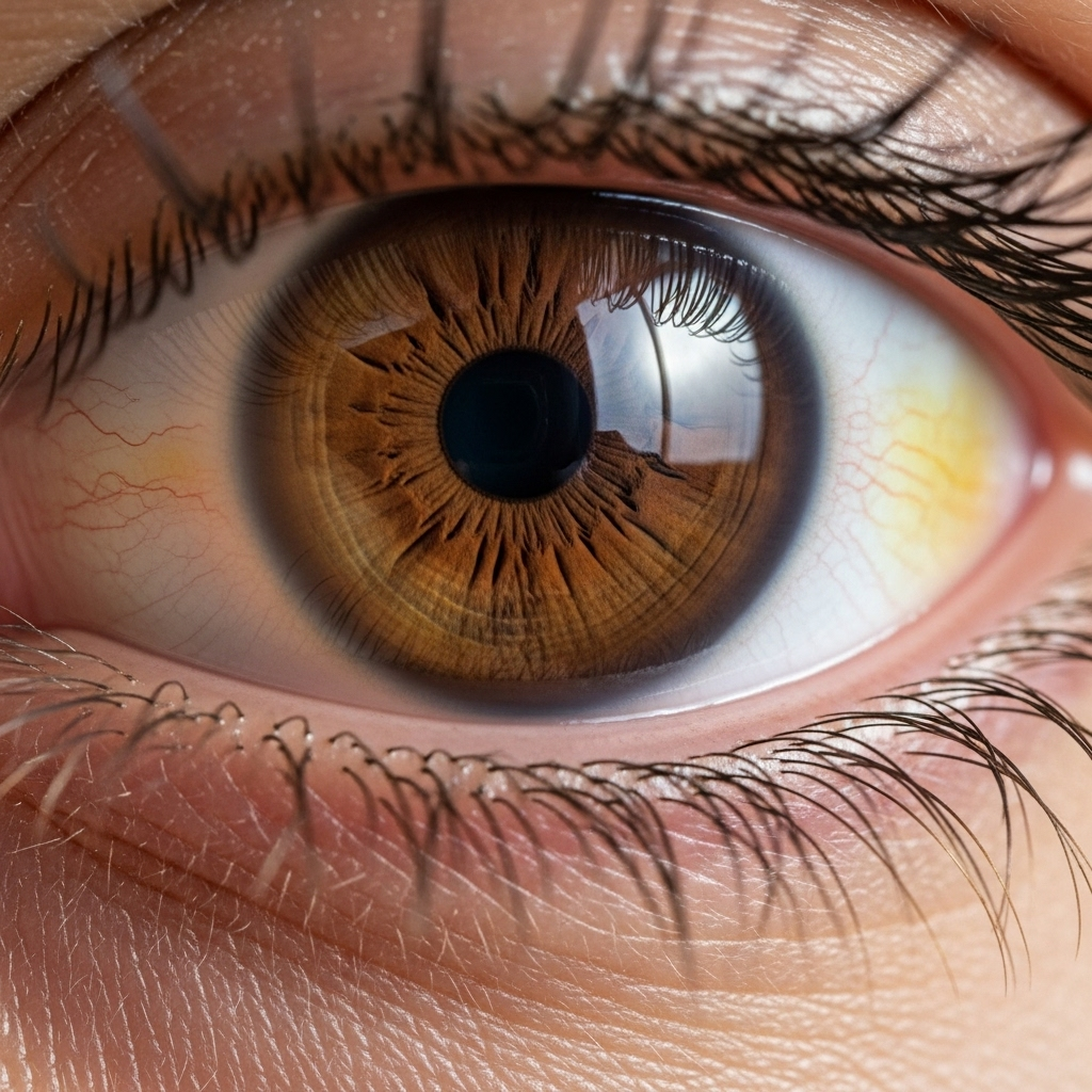 A close-up of a person's eye with a slightly yellowish tint in the white part, subtly illustrating jaundice. The image focuses on the eye area to convey the symptom clearly and respectfully, without any text.