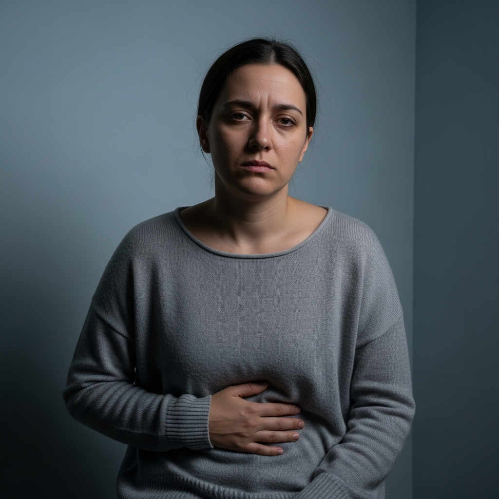 A person gently holding their stomach with a slightly discomforted expression, looking tired. The setting is simple, perhaps a quiet room, emphasizing a feeling of general malaise, without any text.