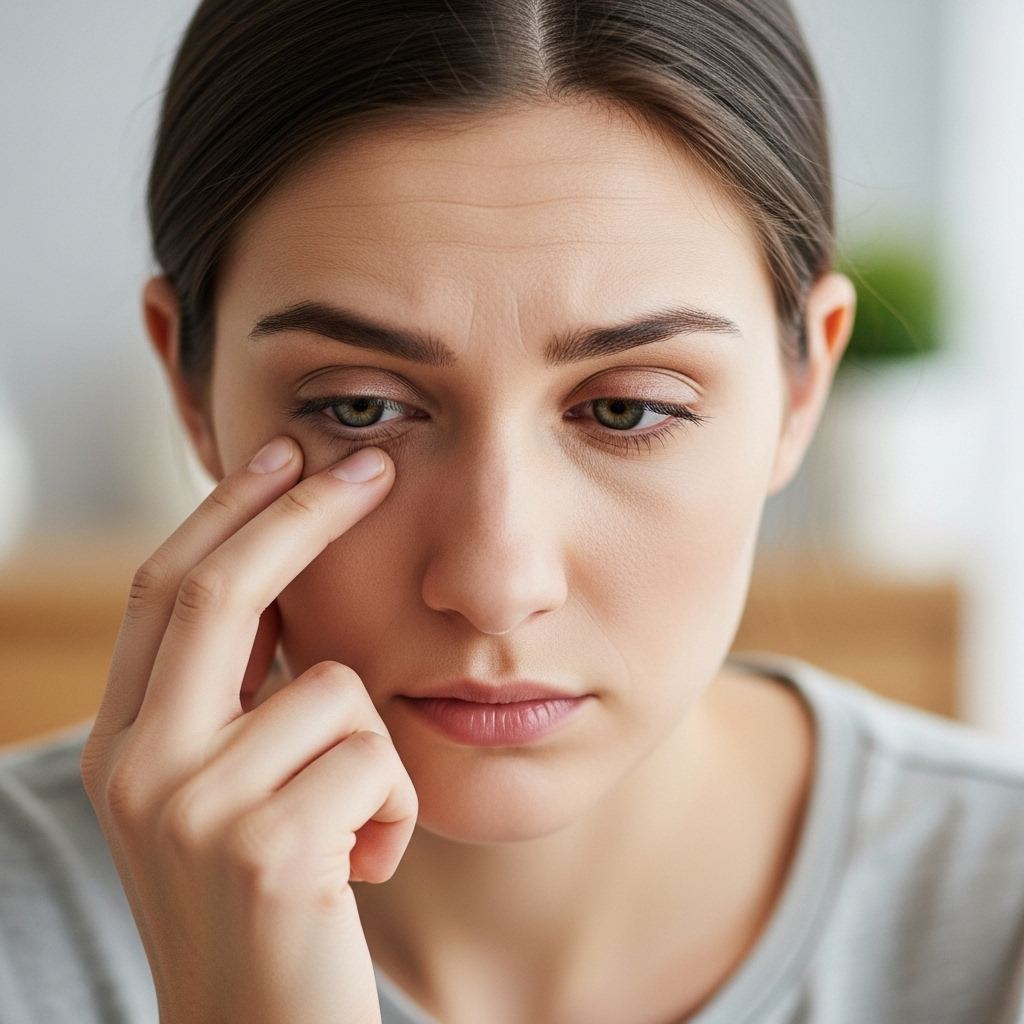 A person looking tired, gently touching their eye, with subtle lines indicating eye twitching. The background is soft and calming, representing a moment of concern. The overall mood is thoughtful and slightly worried.