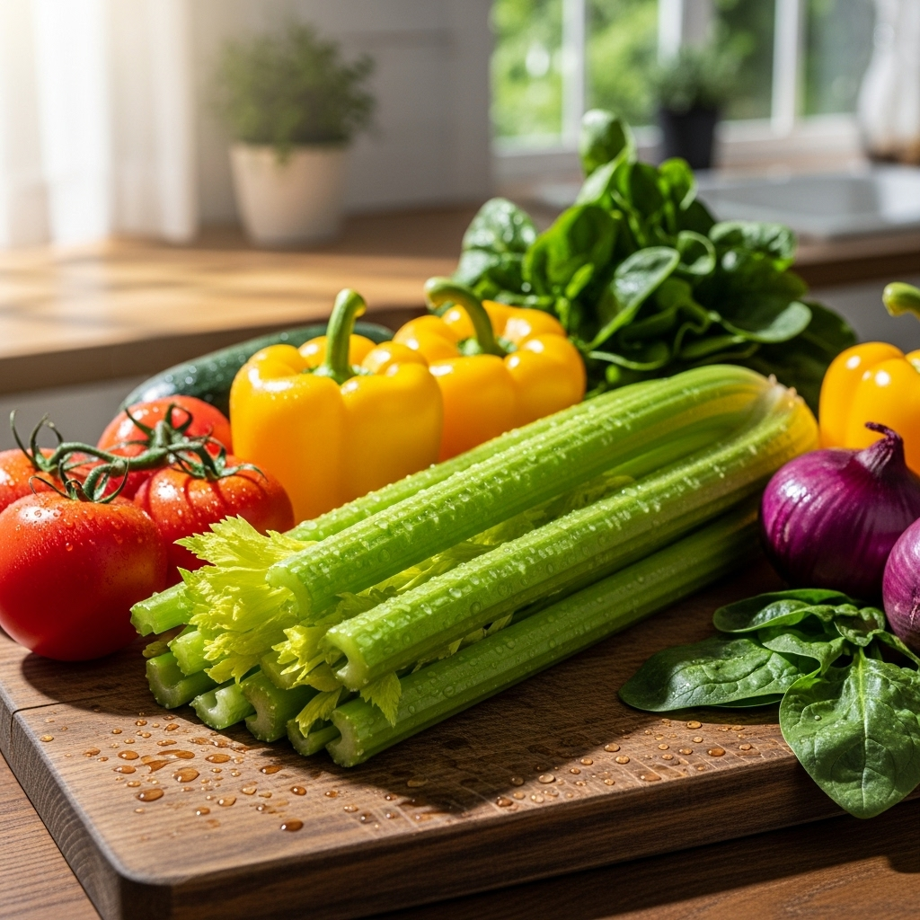 Fresh green celery stalks arranged on a wooden cutting board with water droplets, surrounded by other colorful vegetables in a bright kitchen setting, natural lighting, healthy lifestyle concept