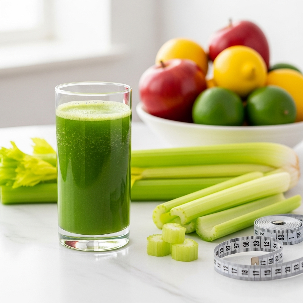 A glass of fresh green celery juice next to celery stalks on a marble counter, with measuring tape and fresh fruits in the background, diet and wellness theme, clean minimalist composition