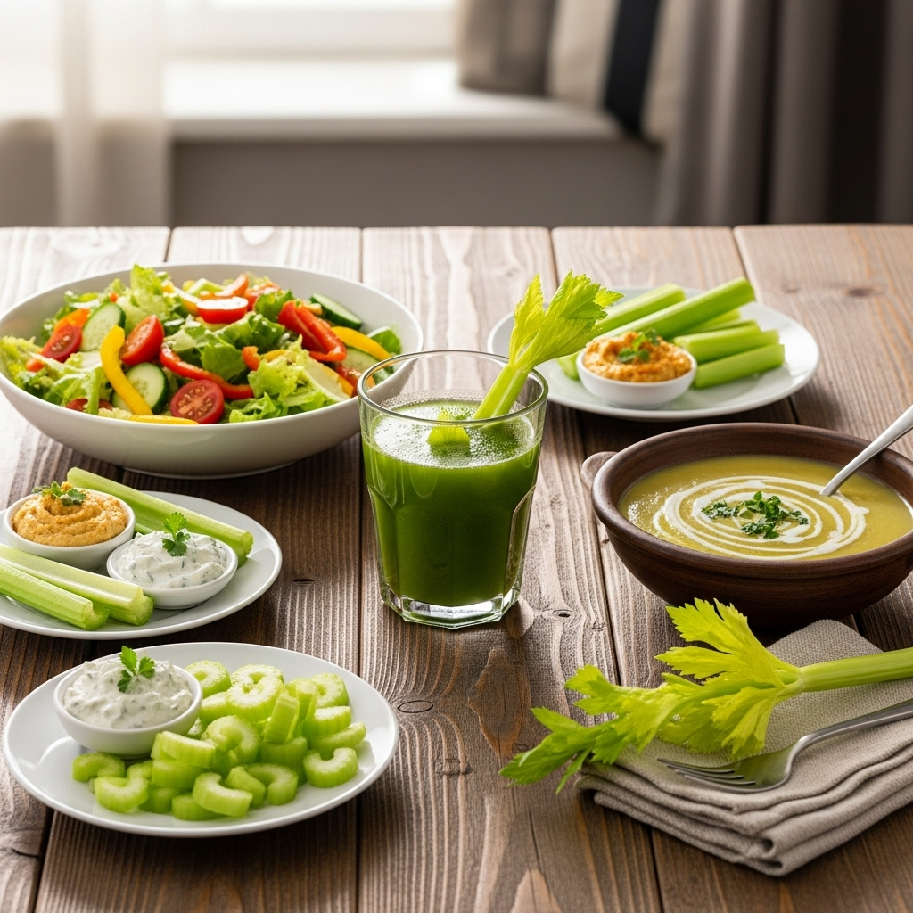 A beautiful arrangement of various ways to consume celery - juice, salad, soup - presented on a wooden table with natural lighting, healthy meal preparation concept