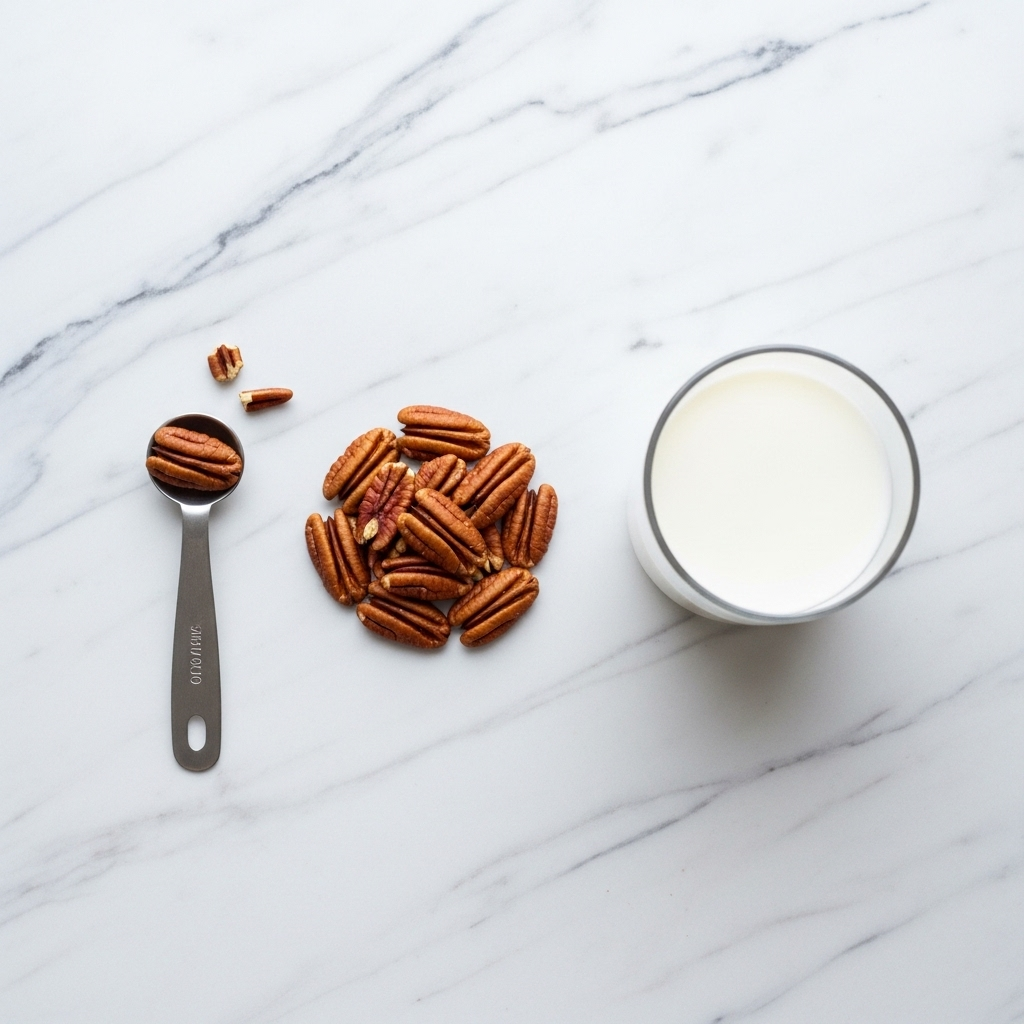 Pecan nuts arranged on a marble surface next to a glass of milk and measuring spoon, portion control concept, clean and minimalist style