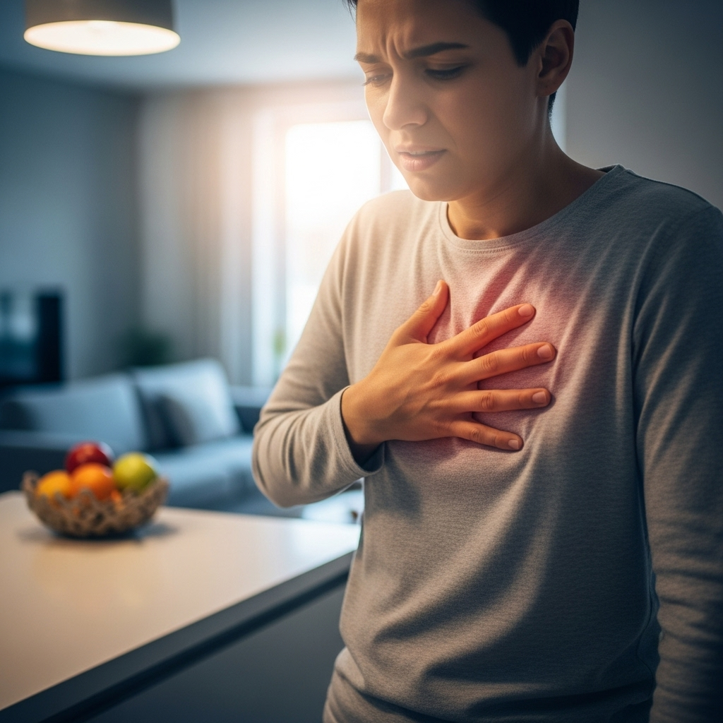 A person holding their chest due to a burning sensation, looking uncomfortable. The background is a slightly blurred, modern kitchen or living room, indicating everyday life. The overall mood is slightly muted but hopeful.