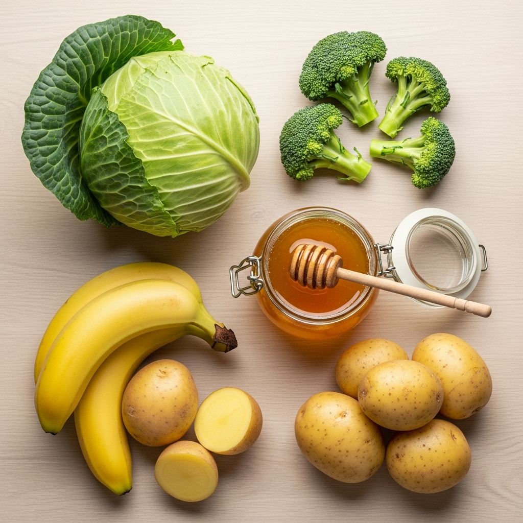A vibrant and appealing flat lay of the five beneficial foods: fresh green cabbage, broccoli florets, ripe yellow bananas, golden potatoes, and a jar of golden honey with a honey dipper. The setting is clean and bright, emphasizing natural health.