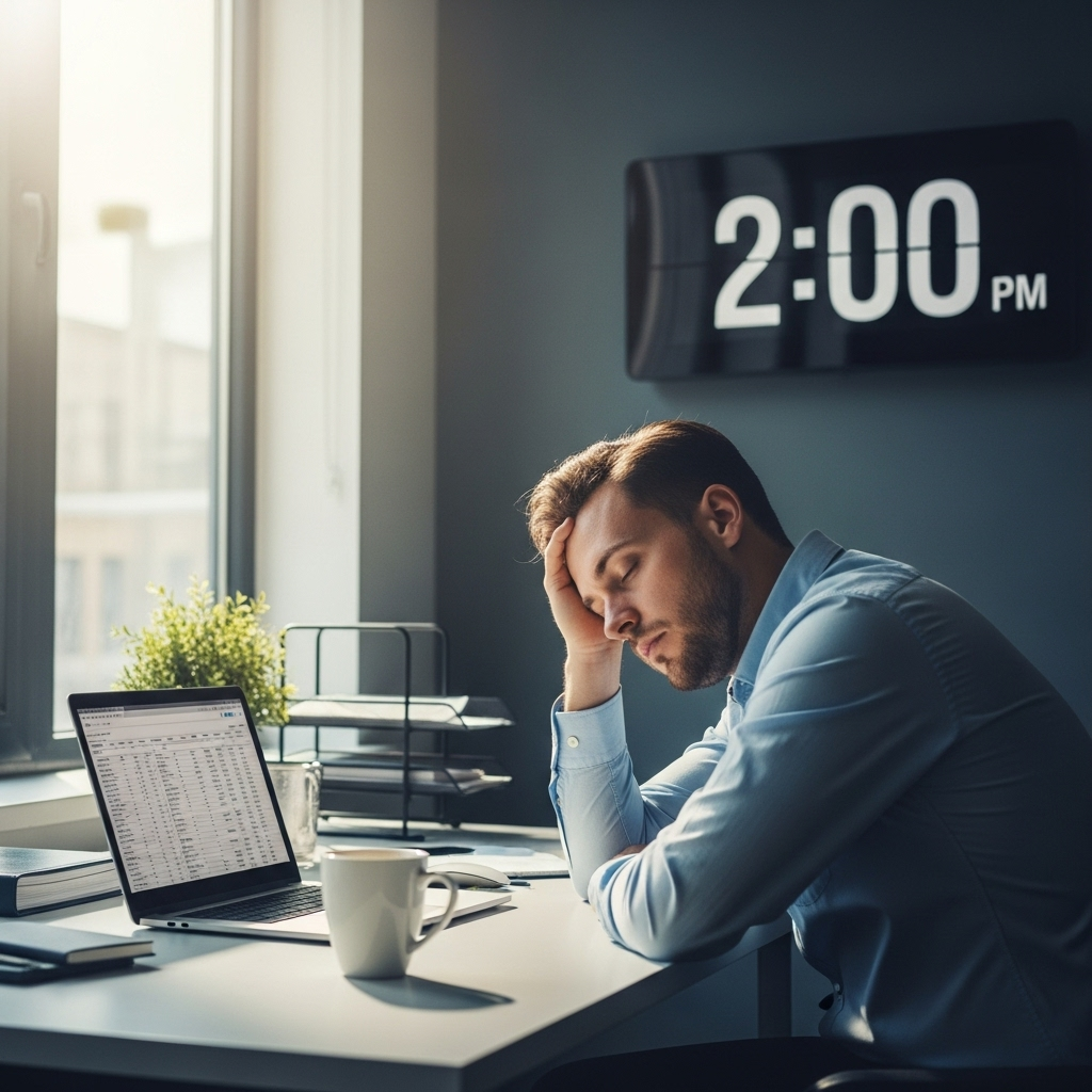 A person sitting at a modern office desk looking sleepy after lunch, with a clock showing 2 PM in the background, natural lighting through window