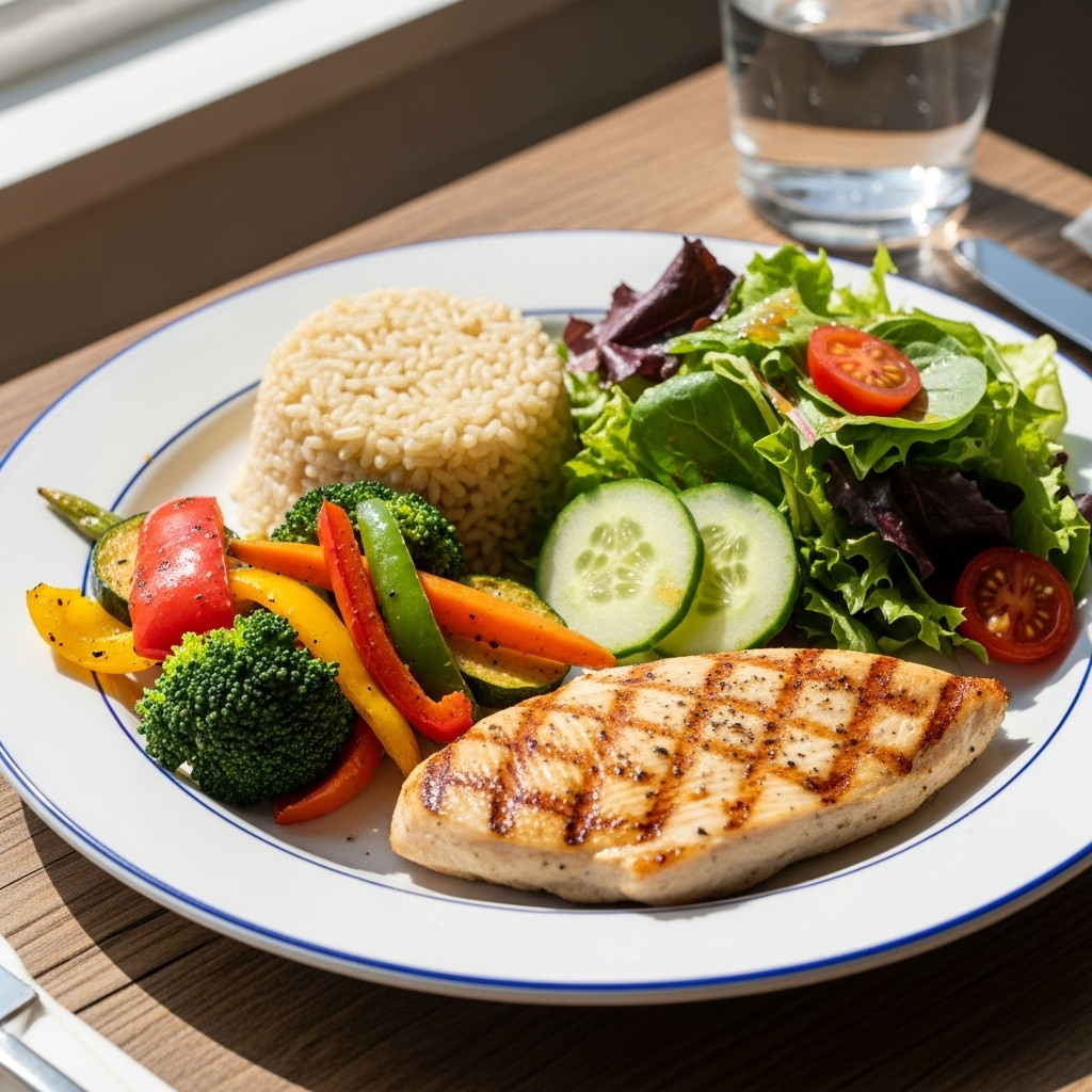 A balanced healthy lunch plate with grilled chicken, vegetables, brown rice, and colorful salad on a wooden table, natural lighting