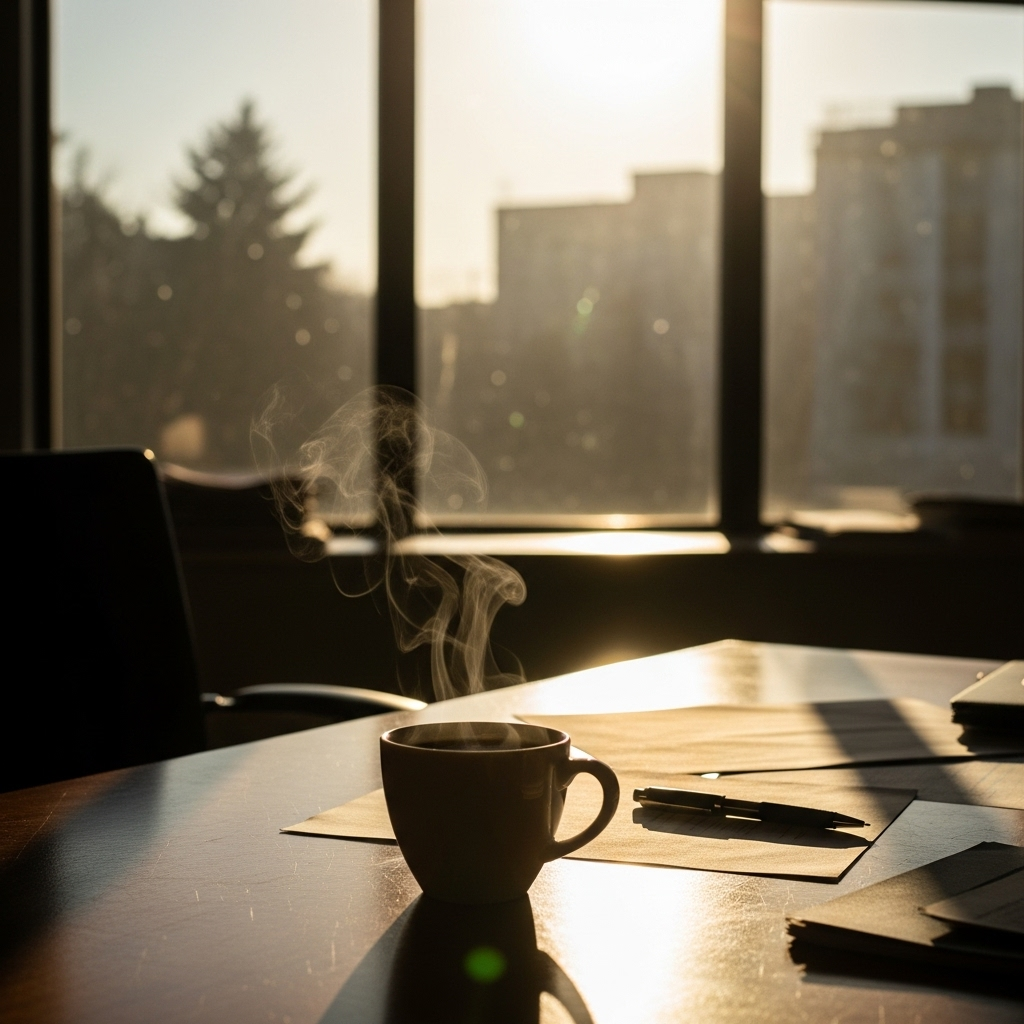 A steaming cup of coffee on a desk next to a window with afternoon sunlight, showing a peaceful office environment