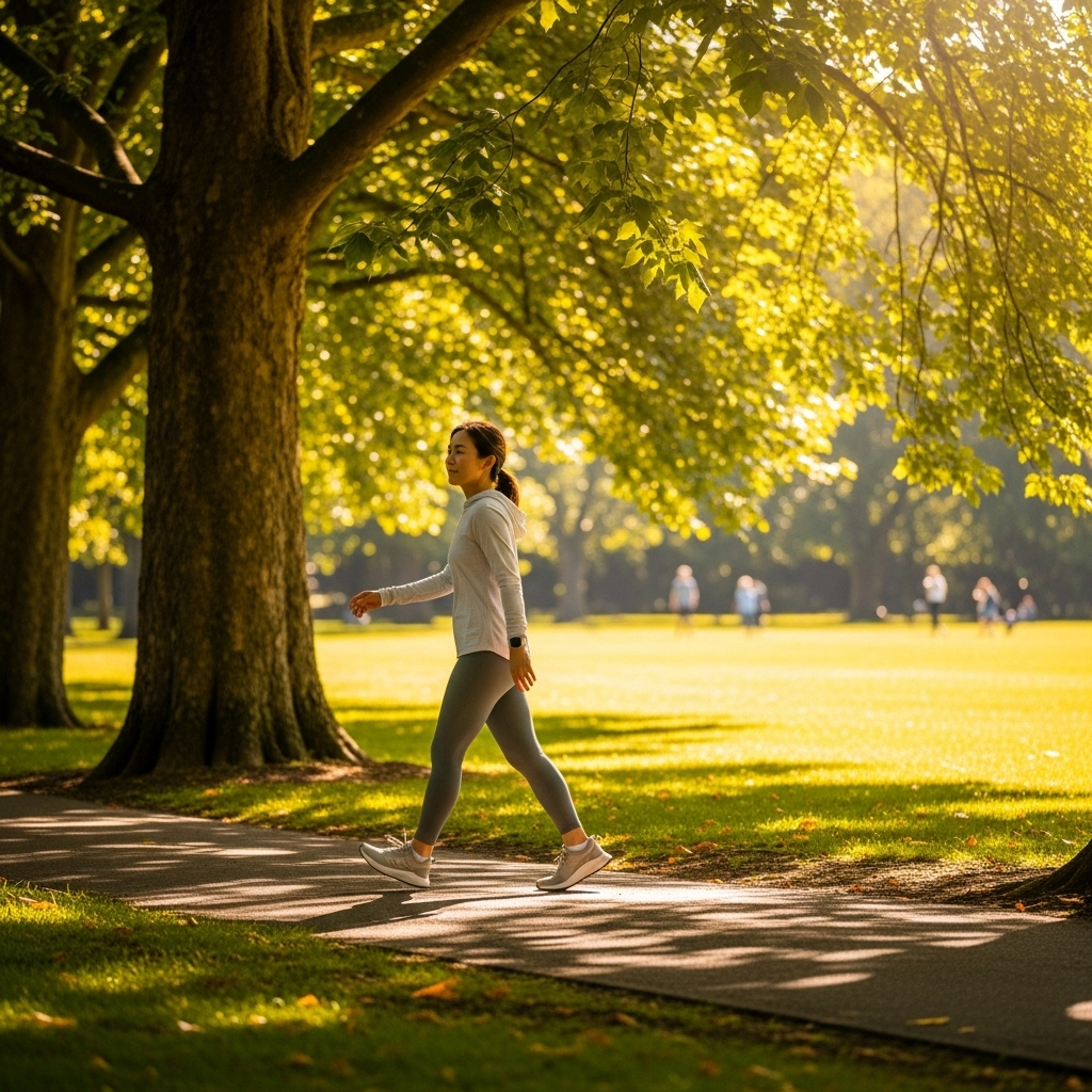 A person walking outdoors in a peaceful park setting with trees and sunlight, showing active lifestyle and wellness