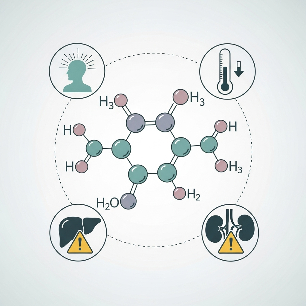 A beautifully designed infographic illustrating the molecule structure of Acetaminophen with various icons representing pain relief, fever reduction, and warnings for liver and kidney health. The colors are soft and professional, avoiding any text in the image itself. 국민 진통제 아세트아미노펜, 당신이 몰랐던 복용 주의사항 6가지