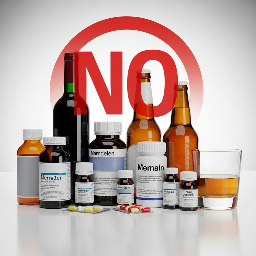 A visual representation of medicine bottles and alcoholic beverages with a clear "NO" sign over the combination, emphasizing the danger of mixing them. The background is clean and informative. 국민 진통제 아세트아미노펜, 당신이 몰랐던 복용 주의사항 6가지