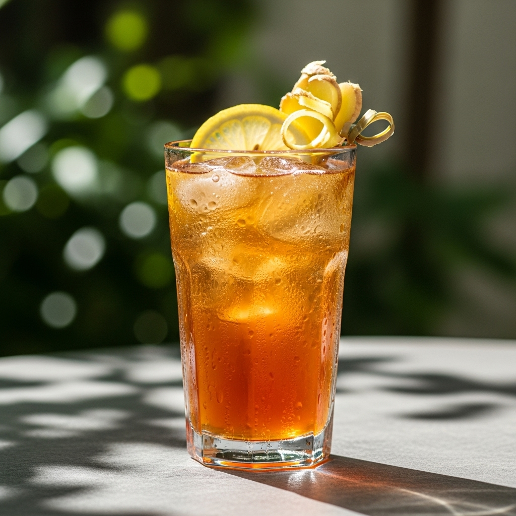 A vibrant, refreshing glass of kombucha with ice and a slice of lemon or ginger, set against a natural, bright background. The image should evoke health and refreshment. 콤부차효능 7가지! 건강하게 콤부차 먹는법까지 완벽 가이드