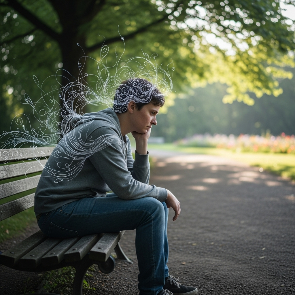 A person sitting alone on a park bench, looking thoughtful and a little overwhelmed, surrounded by subtle, swirling abstract lines suggesting stress or anxiety, with a serene park background. The overall mood is gentle and empathetic, not dark or scary. 갑작스런 불안? 스트레스성 공황장애, 5가지 극복 전략으로 마음을 다스려요!