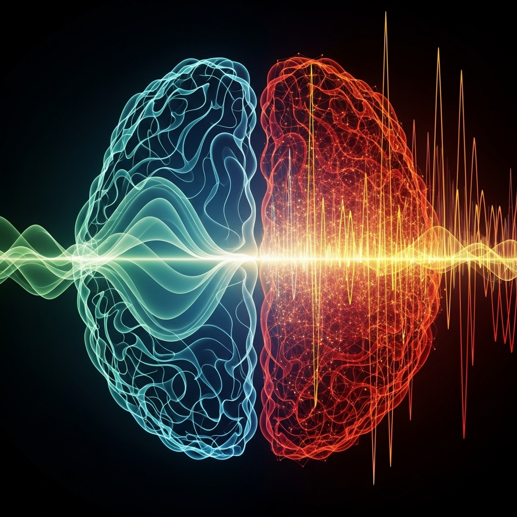 A stylized abstract depiction of brain activity with various colored neural pathways and connections, showing a gentle, harmonious flow in one part and slightly more chaotic, heightened activity in another, representing balance and imbalance. 갑작스런 불안? 스트레스성 공황장애, 5가지 극복 전략으로 마음을 다스려요!