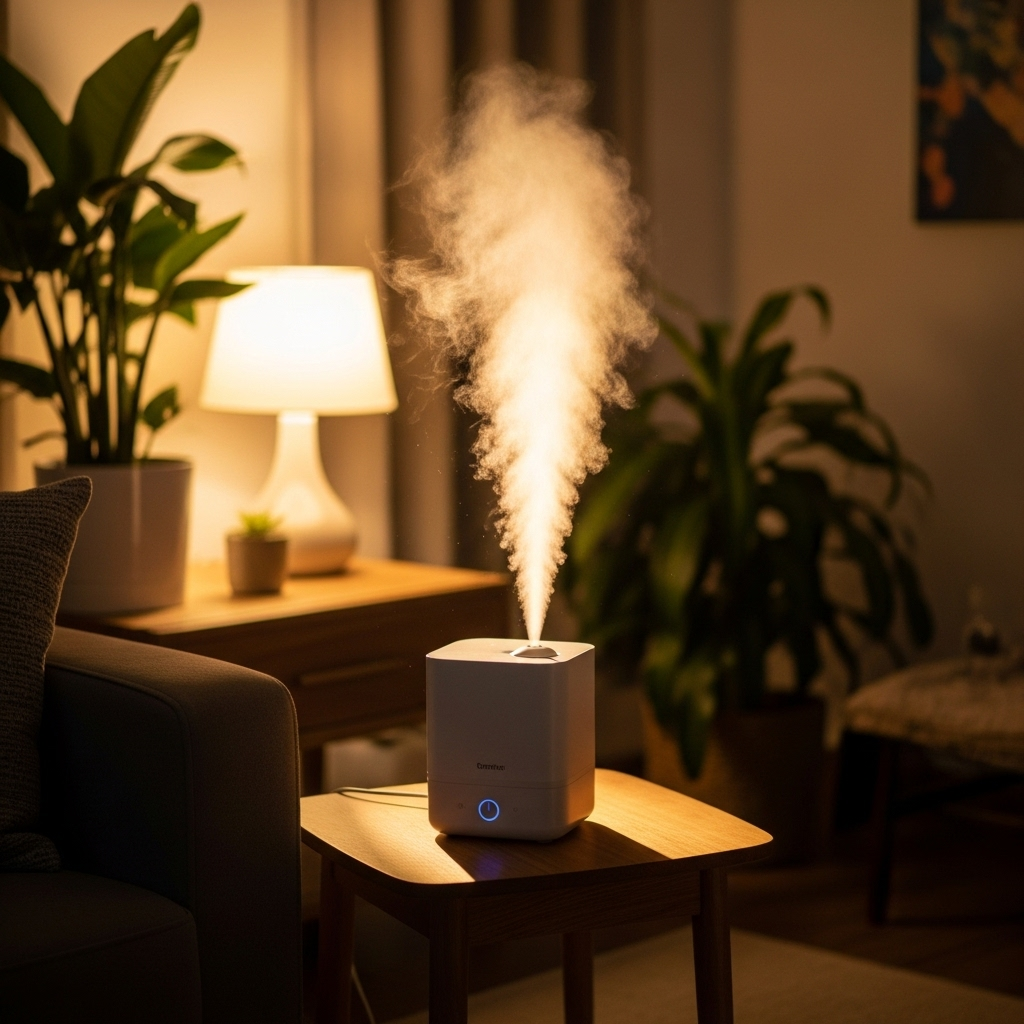 Peaceful home interior with humidifier releasing gentle mist, warm lighting, cozy atmosphere, plants in background 콧속 통증이 알려주는 위험신호 7가지, 방치하면 안되는 이유