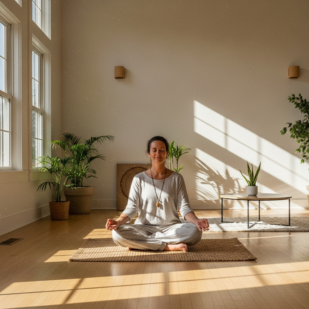 A person sitting calmly in a brightly lit, spacious room, meditating or practicing mindfulness. Their expression is serene and focused, indicating a moment of peace and self-care. 갑작스런 불안? 스트레스성 공황장애, 5가지 극복 전략으로 마음을 다스려요!