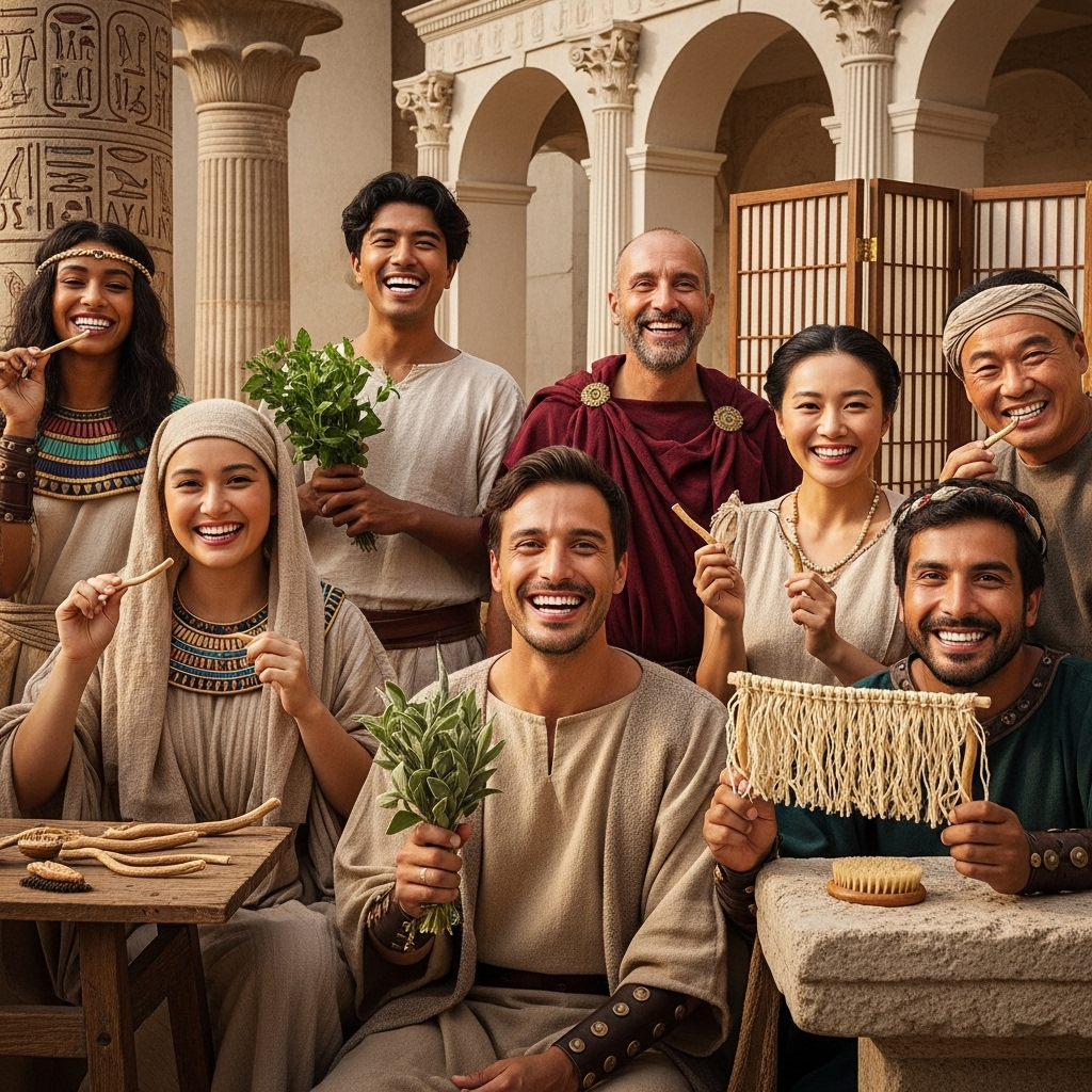 A diverse group of ancient people from different cultures (Egyptian, Roman, Chinese) smiling, showcasing healthy teeth, with symbolic natural tools like miswak sticks, herbs, and simple brushes in their hands or near them. **같이 보면 좋은 글**