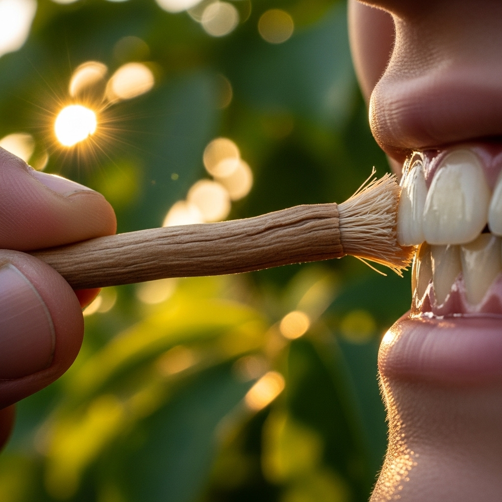 A close-up shot of a miswak stick being used to clean teeth, with blurred natural background like leaves and sunlight, emphasizing the organic and ancient method. **같이 보면 좋은 글**