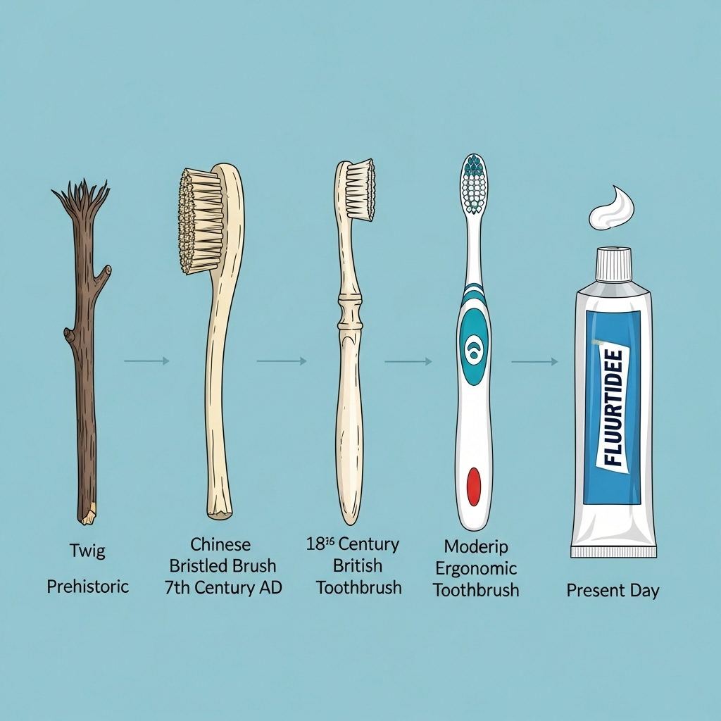 An infographic-style illustration depicting the evolution of dental tools, starting with a twig, moving to a Chinese bristled brush, then an 18th-century British toothbrush, and finally a modern ergonomic toothbrush with a tube of fluoride toothpaste. **같이 보면 좋은 글**