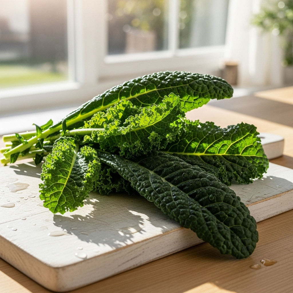 Fresh green kale leaves arranged on a white wooden cutting board with natural sunlight streaming through a kitchen window in the background 케일의 놀라운 건강 효과 8가지와 주의해야 할 부작용