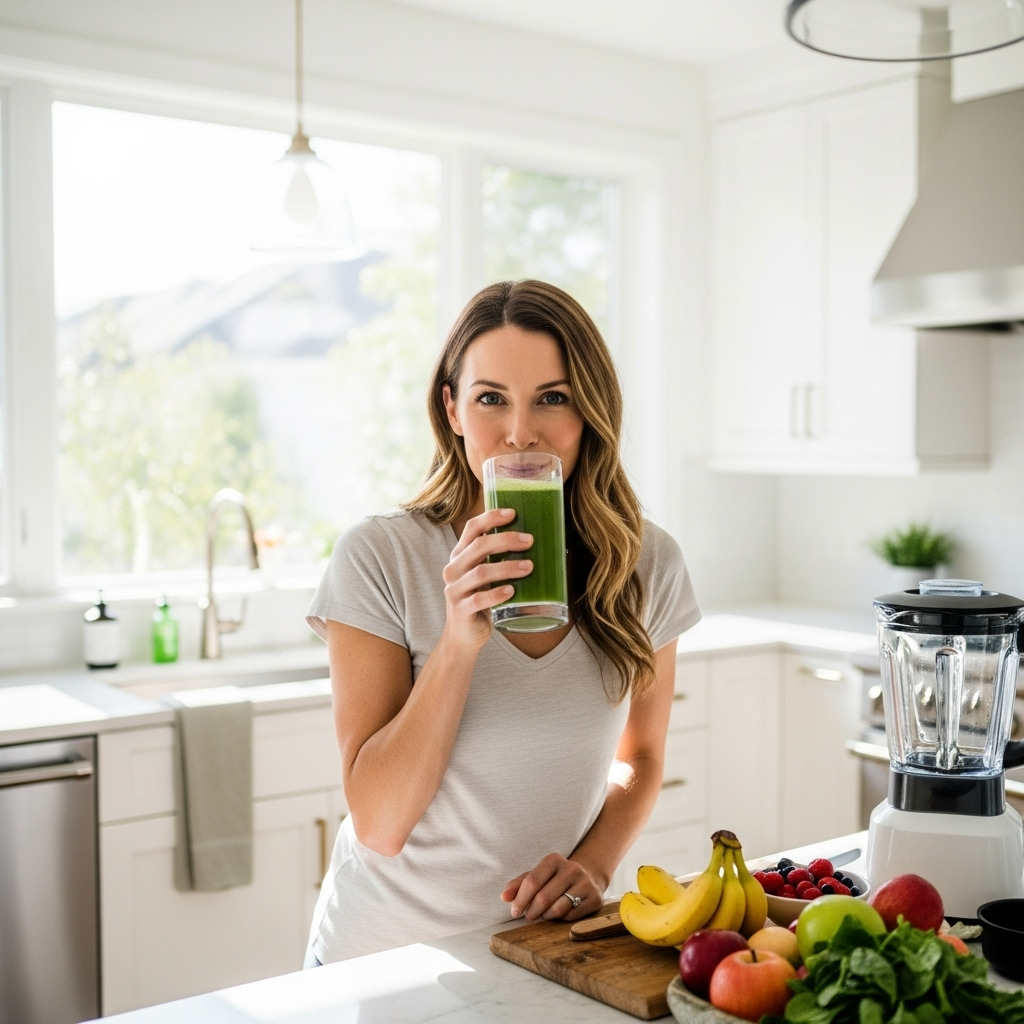 A woman in her 30s drinking a green smoothie in a bright modern kitchen, looking healthy and energetic with natural lighting 케일의 놀라운 건강 효과 8가지와 주의해야 할 부작용