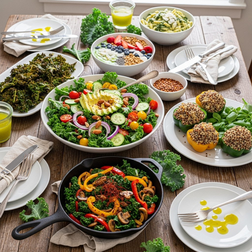 Various kale dishes beautifully arranged on a dining table including kale salad, smoothie bowl, and sautéed kale with colorful vegetables 케일의 놀라운 건강 효과 8가지와 주의해야 할 부작용