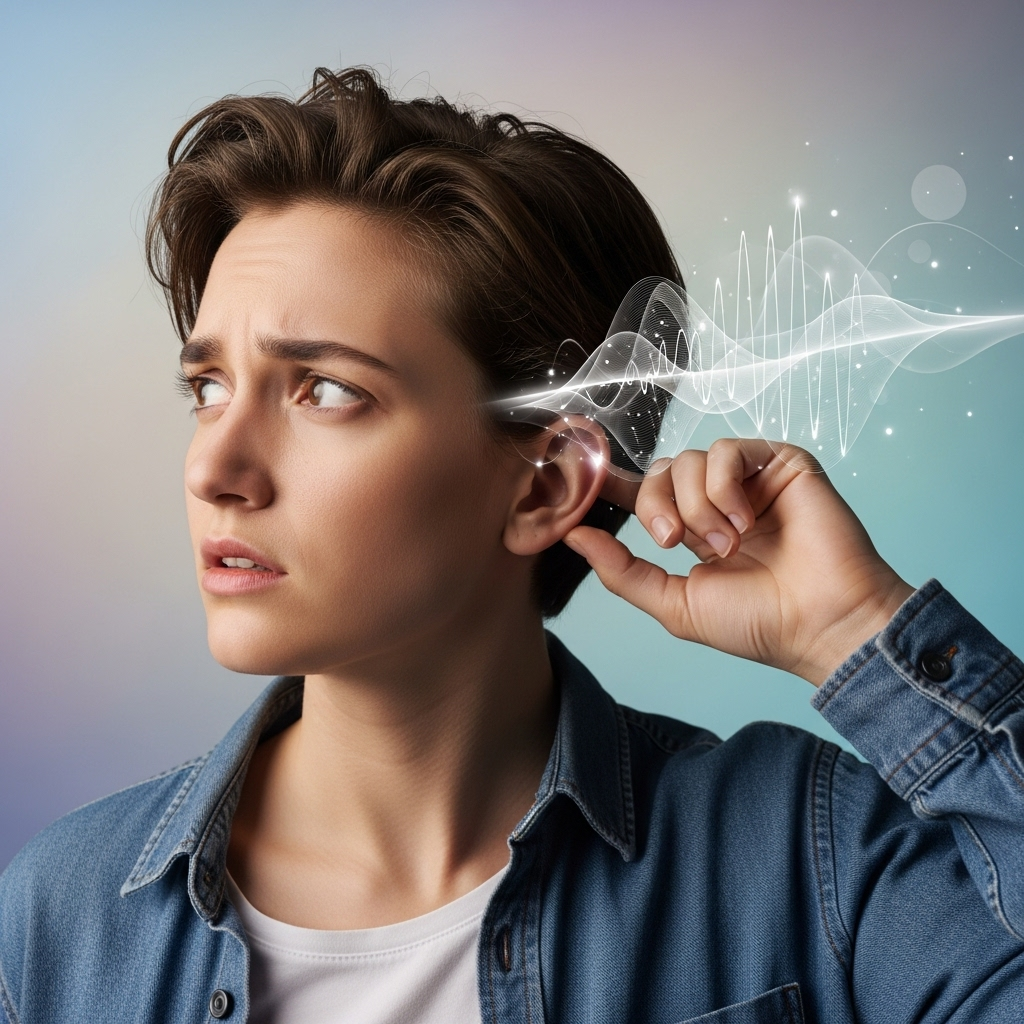 A person looking slightly confused or concerned, gently touching their ear, with subtle, abstract sound wave graphics emanating from the ear. The background is soft and calming, representing an internal experience rather than external noise. No text on the image. 귀에서 소리가 나요? 이명 원인 5가지와 귀 건강 지키는 음식 3가지